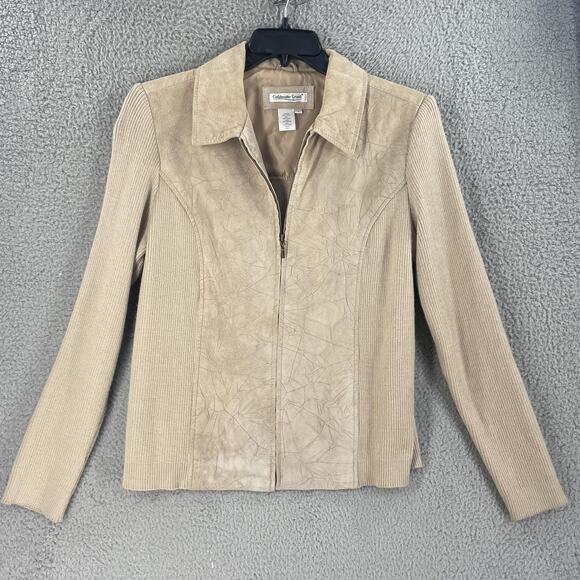 Coldwater Creek Jacket Womens Large Tan Suede Leather Knit Sleeves Full Zip - Picture 6 of 9